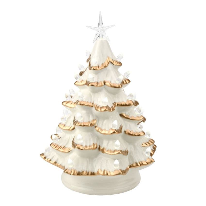 White and Gold Ceramic Light Up LED Christmas Tree Ornament Decoration 34cm