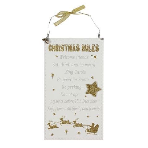 White and Gold Christmas Rules Glitter hanging plaque decoration sign