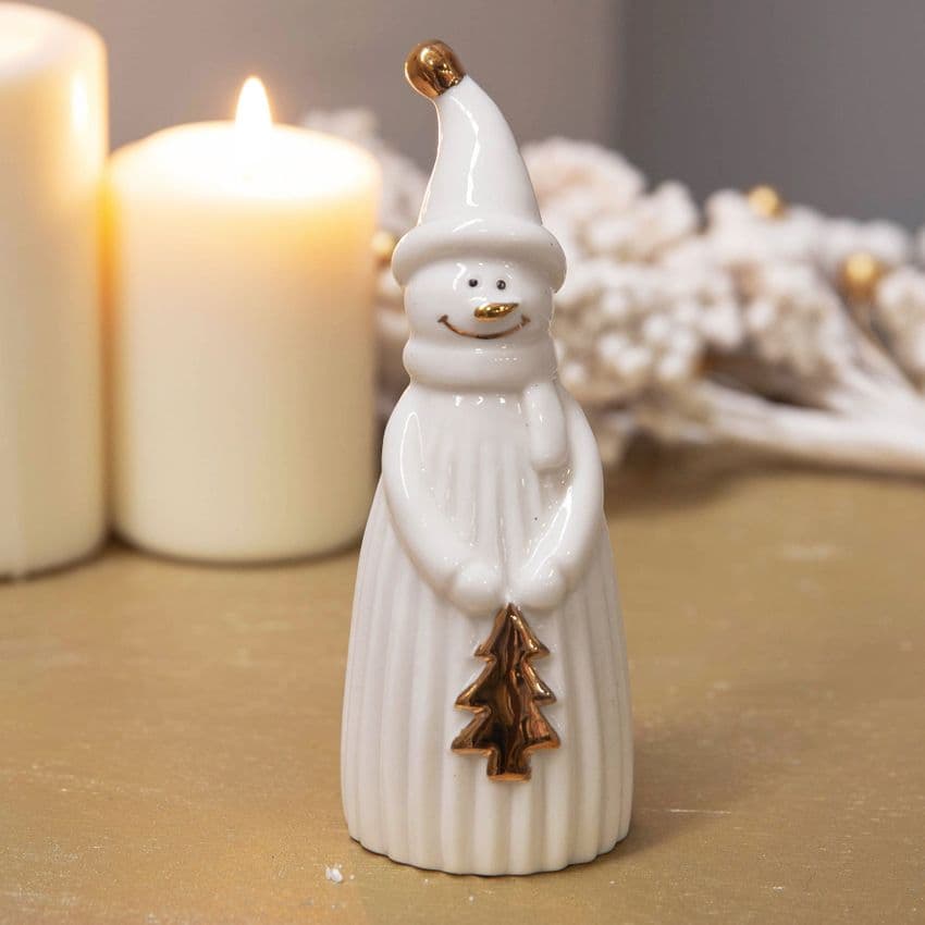 White and Gold Minimalist Christmas Snowman Ornament Ceramic Decoration 18cm