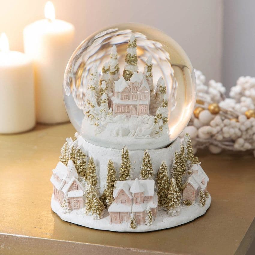 White and Gold Village Scene Large Snow Globe Christmas Ornament Gift