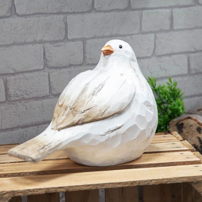 White Bird Sculpture Resin Garden Ornament - Whitewashed Wood Effect Statue For Outdoors and Indoors