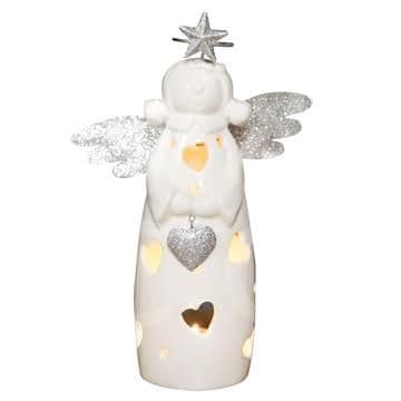 White Ceramic Angel Tealight Holder with Heart Shaped Cut Out Design