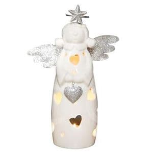 White Ceramic Angel Tealight Holder with Heart Shaped Cut Out Design