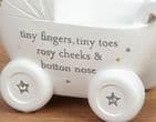 White Ceramic Baby Pram Money Box Unisex Baby Gift By Bambino