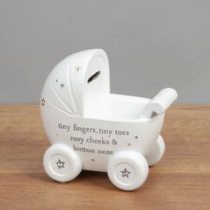 White Ceramic Baby Pram Money Box Unisex Baby Gift By Bambino