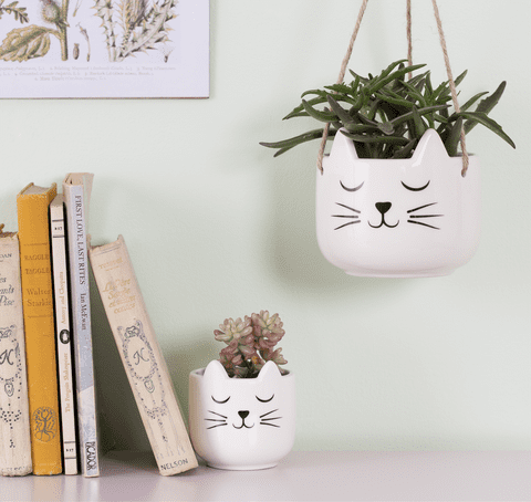 White Ceramic Cat Design Hanging Plant Pot For Houseplants