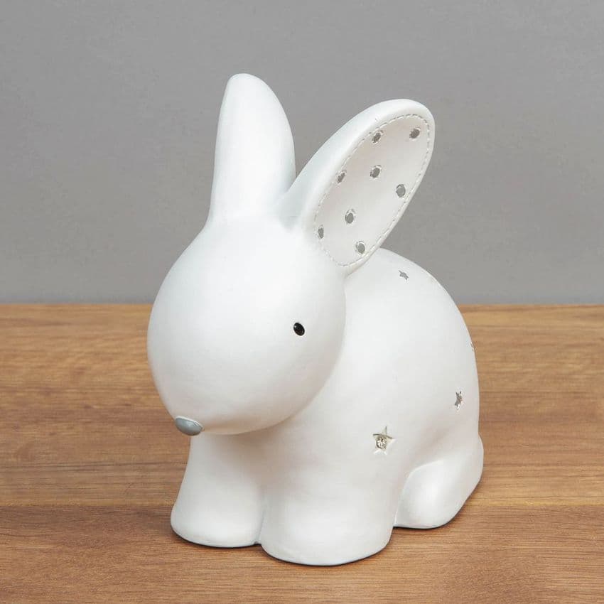 White Ceramic Cute Bunny Rabbit Money Box Unisex Baby Gift By Bambino perfect for baby shower and new baby gifts