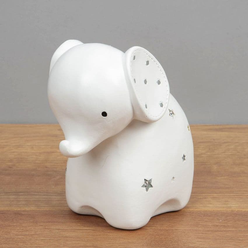 White Ceramic Cute Elephant Money Box Unisex Baby Gift By Bambino - Baby shower gift, first birthday gift.