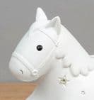 White Ceramic Rocking Horse Money Box Unisex Baby Gift By Bambino