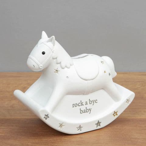 White Ceramic Rocking Horse Money Box Unisex Baby Gift By Bambino