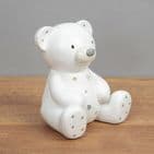 White Ceramic Teddy Bear Money Box Unisex Baby Gift By Bambino at Juliana