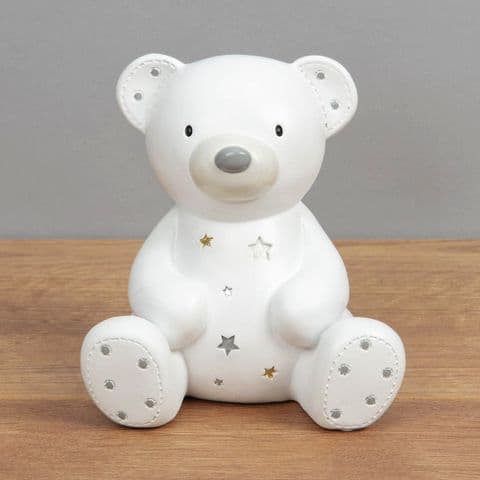 White Ceramic Teddy Bear Money Box Unisex Baby Gift By Bambino at Juliana