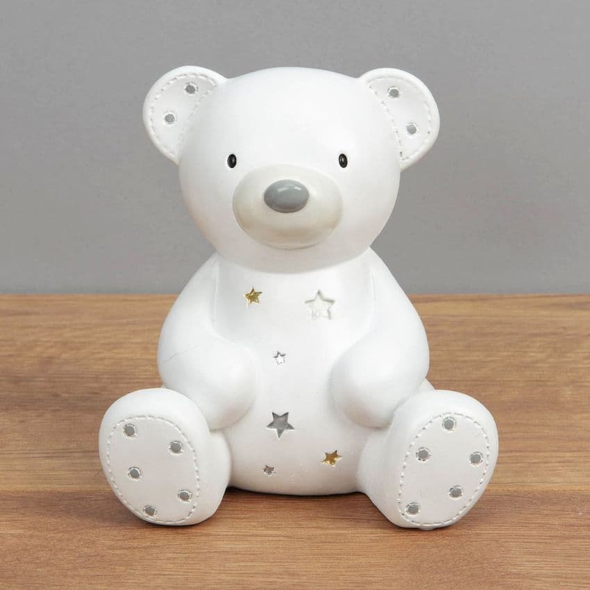 White Ceramic Teddy Bear Money Box Unisex Baby Gift By Bambino at Juliana