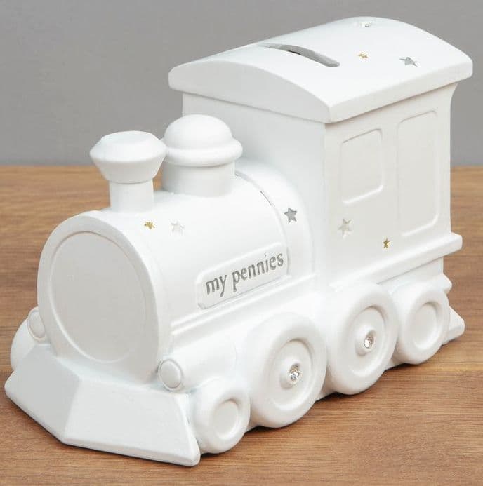 White Ceramic Train Money Box Unisex Baby Gift By Bambino