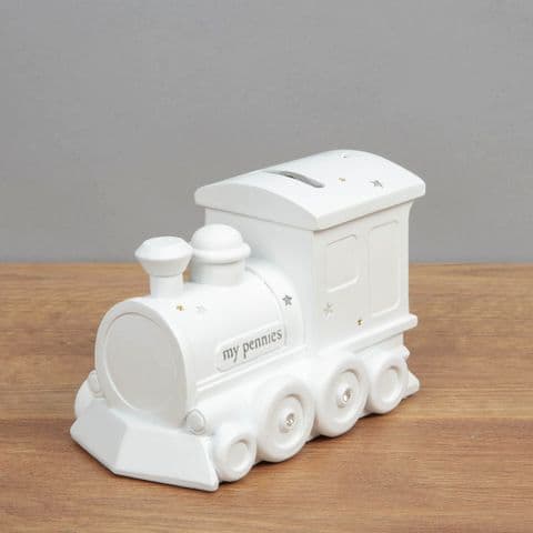White Ceramic Train Money Box Unisex Baby Gift By Bambino