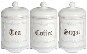 White Country Decor Tea Sugar Coffee Ceramic Cannister Set Shabby Chic Style