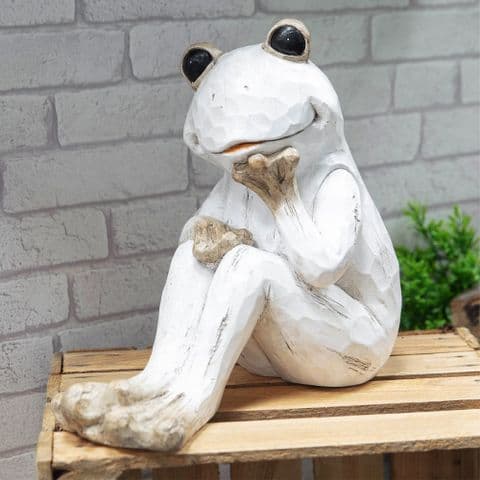 White Frog Garden Ornament - Whitewashed Cute Funny Unusual Cute Garden Frog Statue