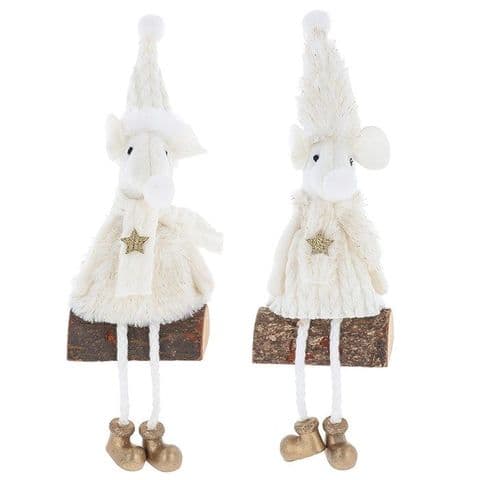 White & Gold Christmas Mouse Sitting On A Log
