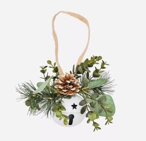 White Hanging Bell with Pinecone & Foliage | Rustic Woodland Christmas Decoration