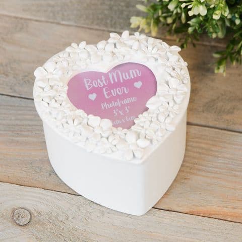 White Heart Shape Trinket Box With Photo Frame To Lid