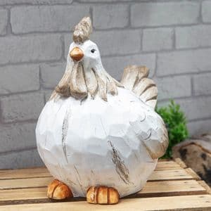 White Hen Garden Ornament - Whitewashed Wood Effect Resin Chicken Statue