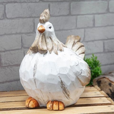 White Hen Garden Ornament - Whitewashed Wood Effect Resin Chicken Statue