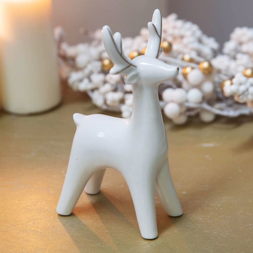 White Minimalist Ceramic Reindeer Christmas Ornament Decoration with gold highlights