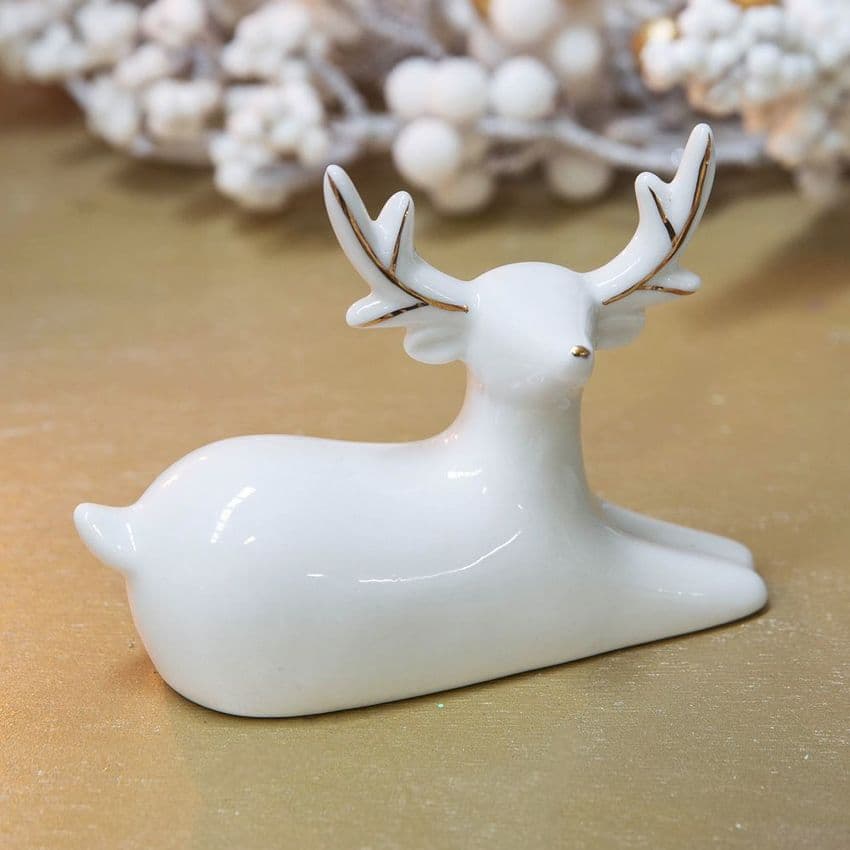White Minimalist Ceramic Reindeer Lying down Christmas Ornament Decoration