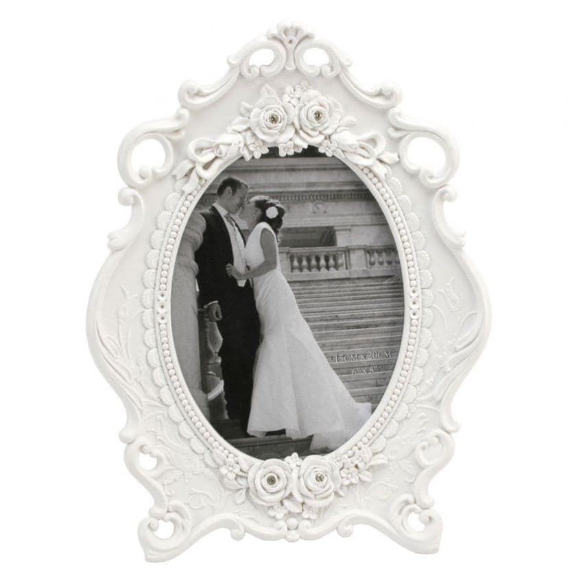 White Oval Luxury Photo Frame - White French Baroque Style Frame with Crystals. Perfect for displaying special photos.