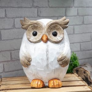 White Owl Garden Ornament - Whitewashed Wood Effect Garden Owl Statue