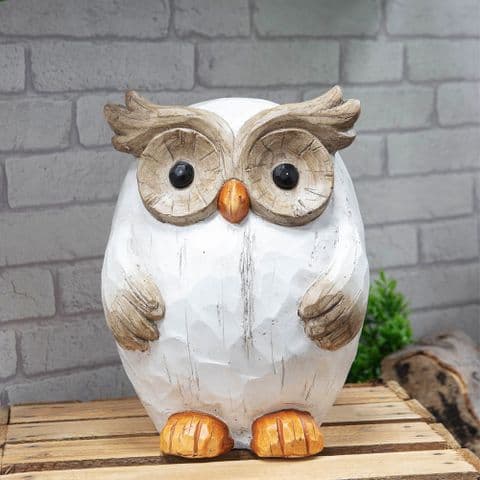White Owl Garden Ornament - Whitewashed Wood Effect Garden Owl Statue