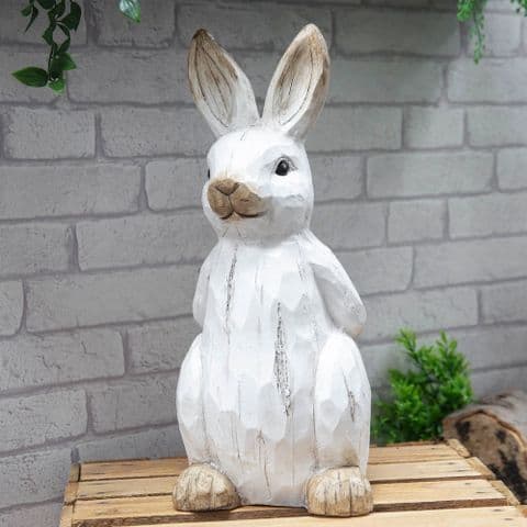 White Rabbit Garden Ornament Resin Sculpture - Whitewashed Wood Effect Statue