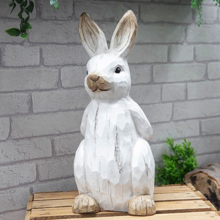 White Rabbit Garden Ornament Resin Sculpture - Wood Effect Statue For Outdoors and Indoors