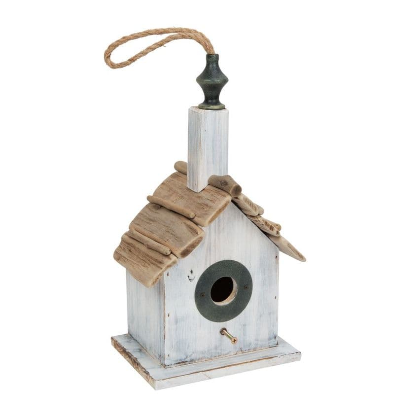 White Rustic Wooden Bird House - Hanging Bird House Garden Feeder 38cm