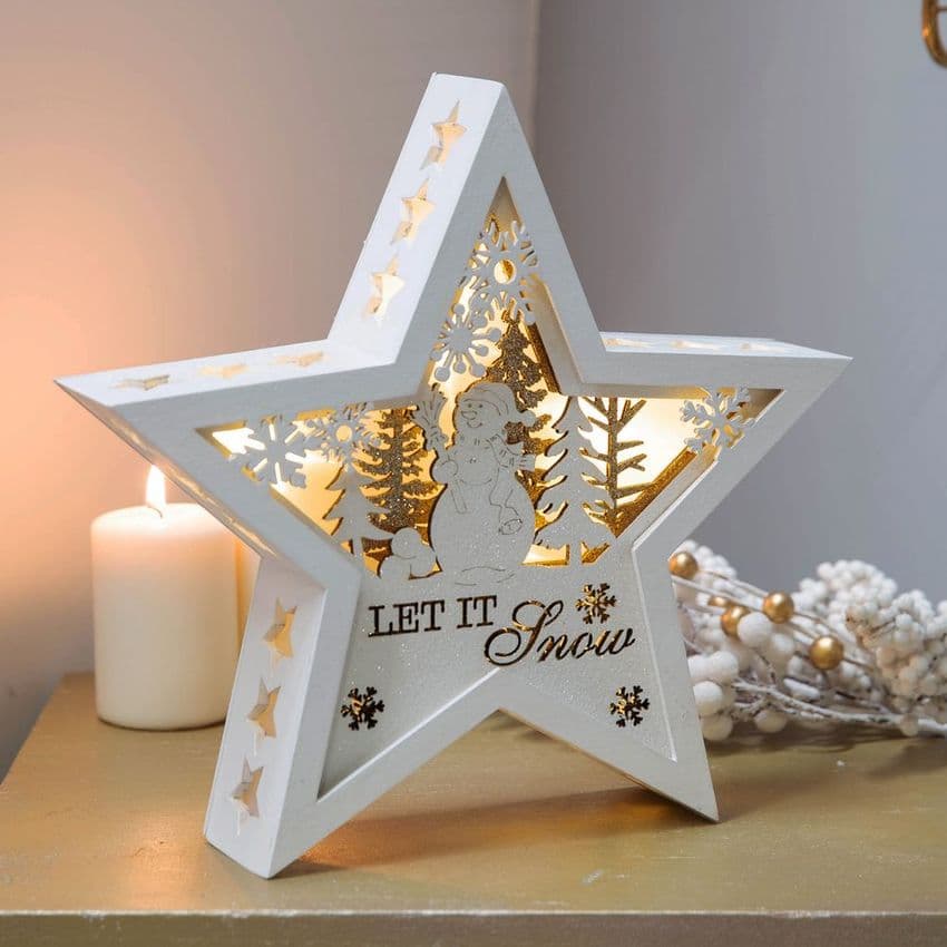 White Rustic Wooden Star Let it Snow Light Up Christmas Decoration Ornament