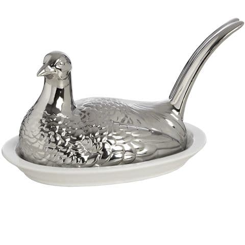 White & Silver Pheasant Butter Dish - Country Design Ceramic Butter Dish