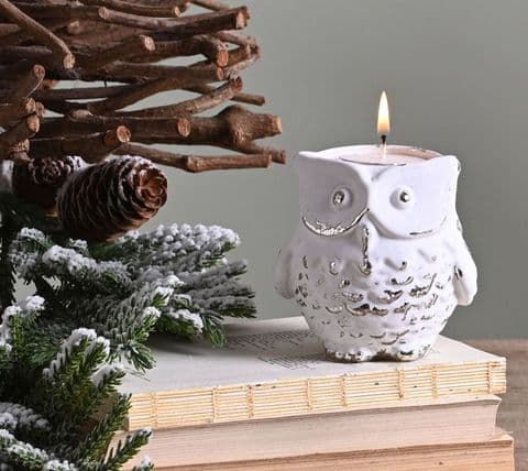 White & Silver Vintage Style Owl Tea Light Candle Holder