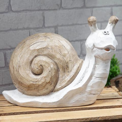 White Snail Garden Ornament - Whitewashed Cute Funny Unusual Garden Snail