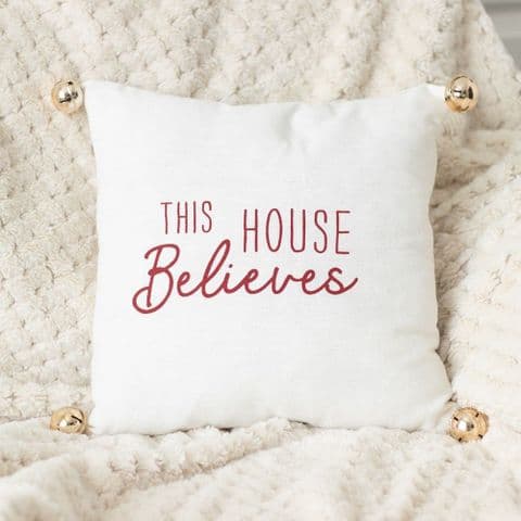 White 'This House Believes' Cutest Christmas Cushion With Bells