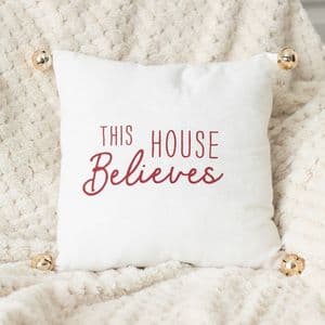 White 'This House Believes' Cutest Christmas Cushion With Bells