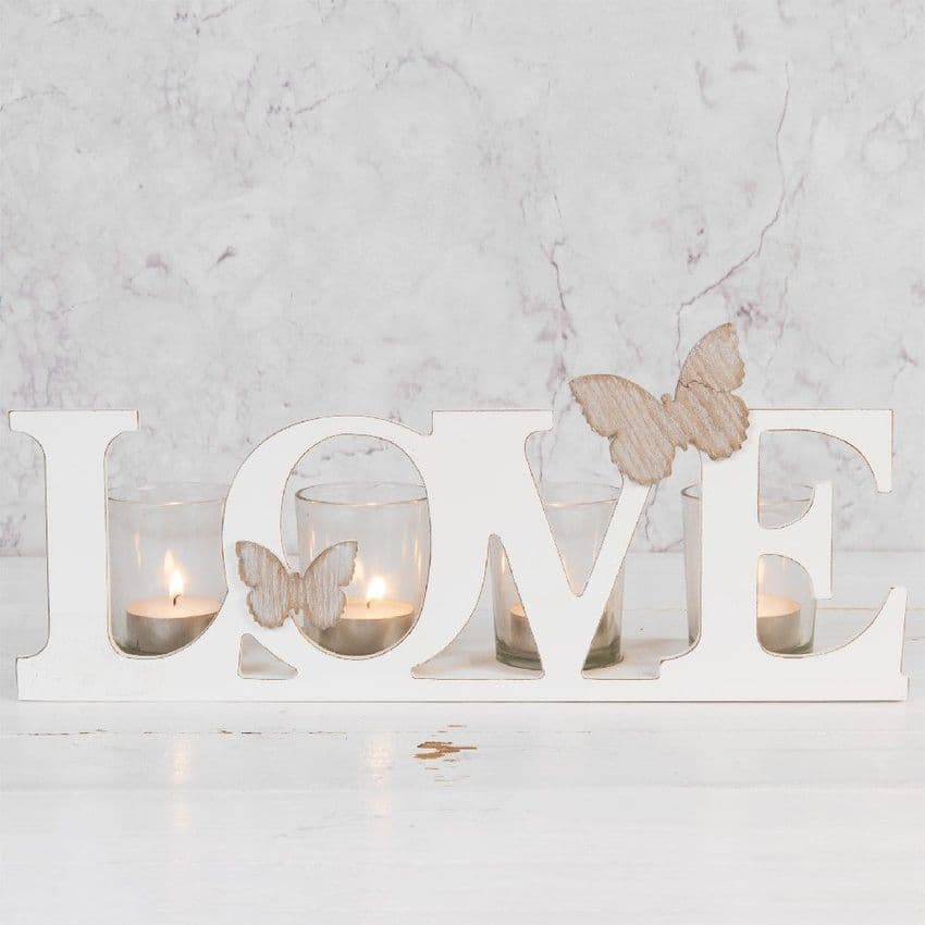 White Wooden 'Love' Candle Holder - Shabby Chic Cut Out Letters Candle Holder Home Accessory