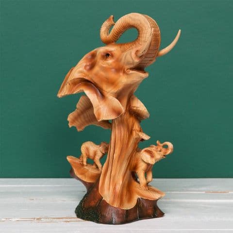 Wood Effect Elephant Figurine - Elephant Sculpture Ornament