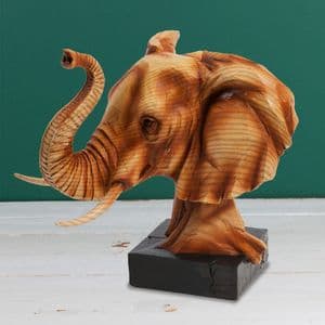 Wood Effect Elephant Head Ornament Carved Resin Figurine Sculpture