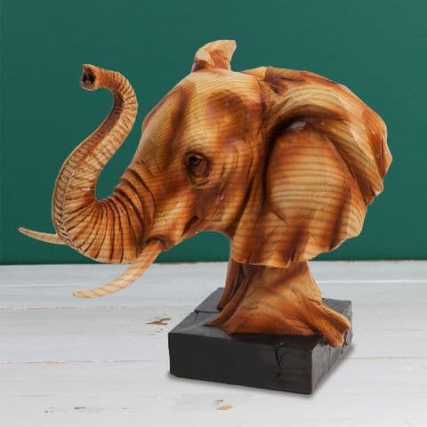 Wood Effect Elephant Head Ornament Carved Resin Figurine Sculpture