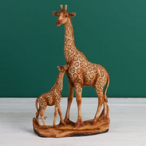 Wood Effect Giraffe Figurine With Calf Home Ornament