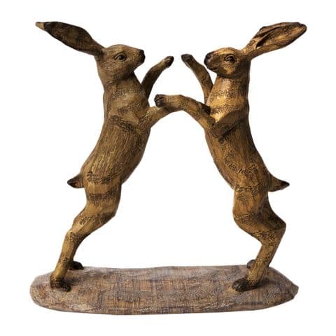 Wood Effect Natural Country Boxing Hares Figurine - Boxing Hares