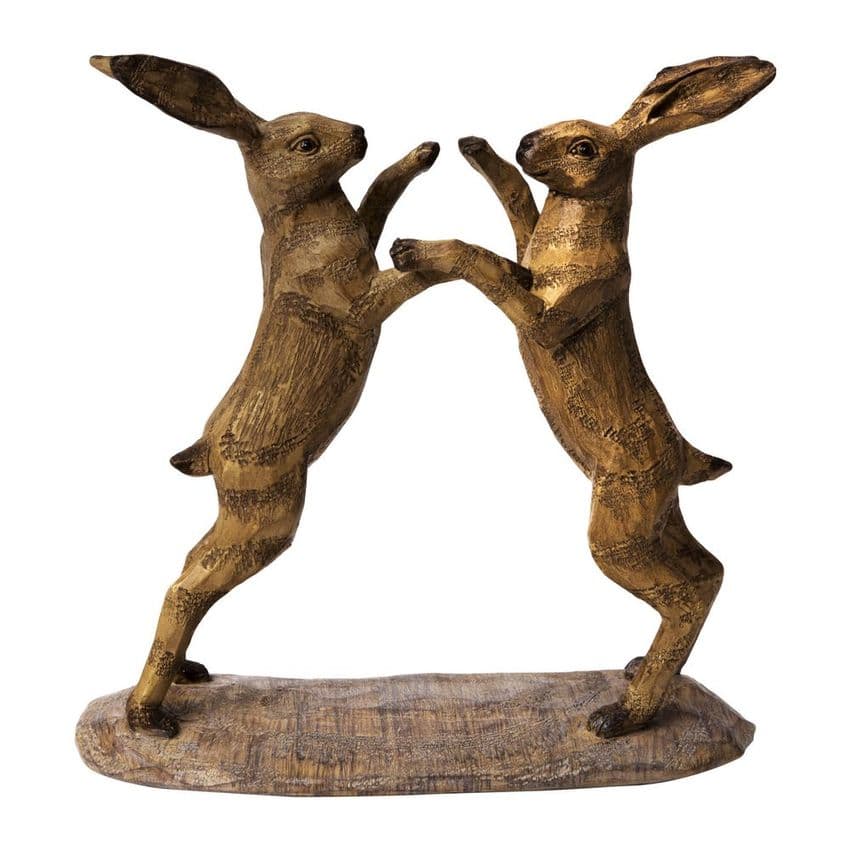 Boxing Hares Wood Effect Country Hare Figurine Country Cottage interior decor ornament