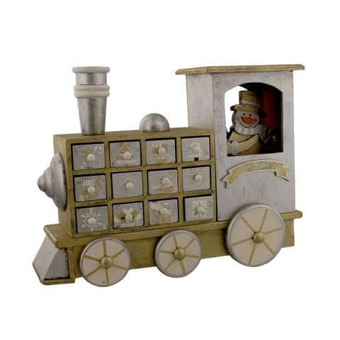 Wooden Advent Calendar With drawers - Silver & Gold Train with Snowman Countdown To Christmas Ornament