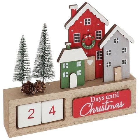 Wooden Christmas Countdown Decoration – Rustic Block Calendar with Houses & Trees