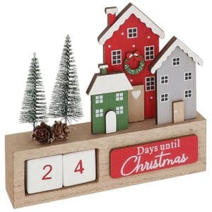 Wooden Christmas Countdown Decoration – Rustic Block Calendar with Houses & Trees